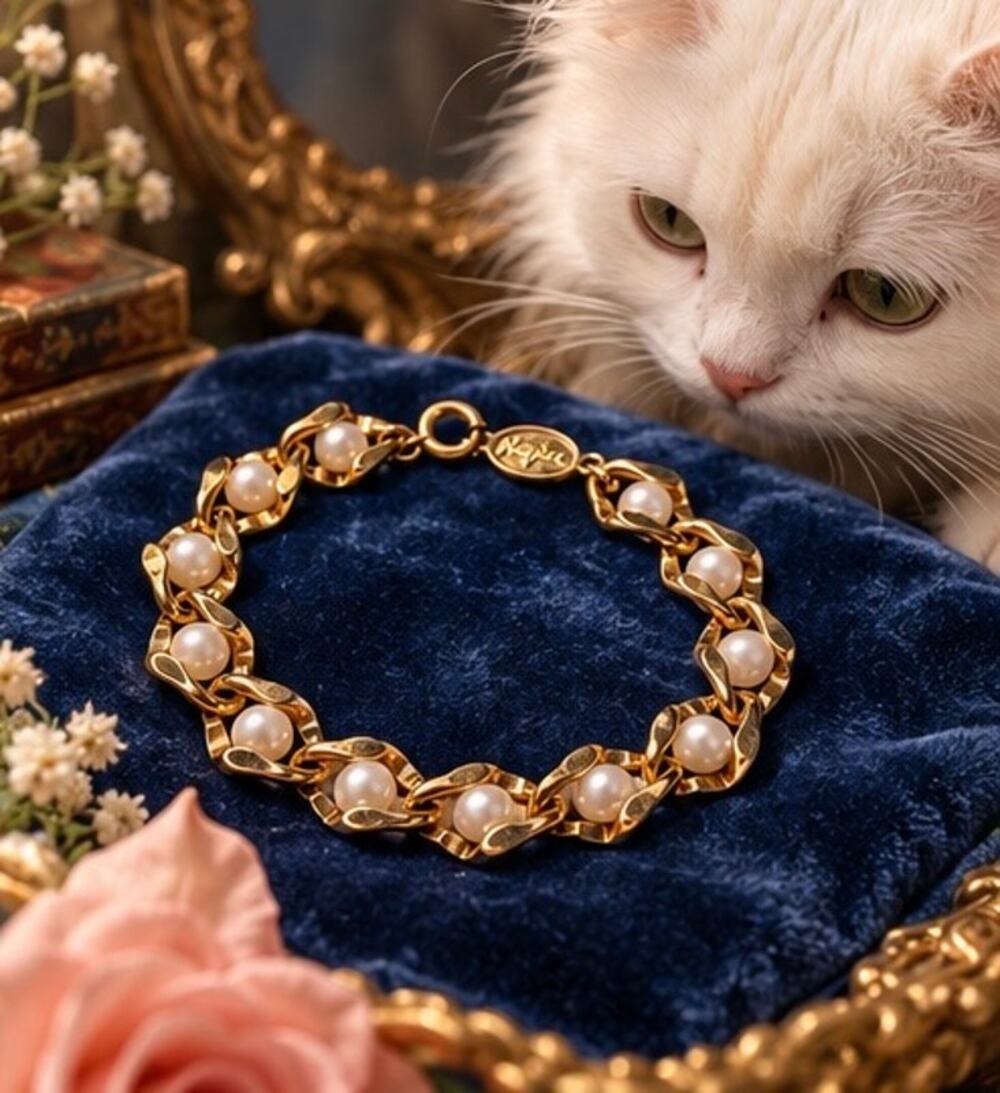 Vintage Napier Faux Pearl Gold-Tone Link Bracelet 7.5”